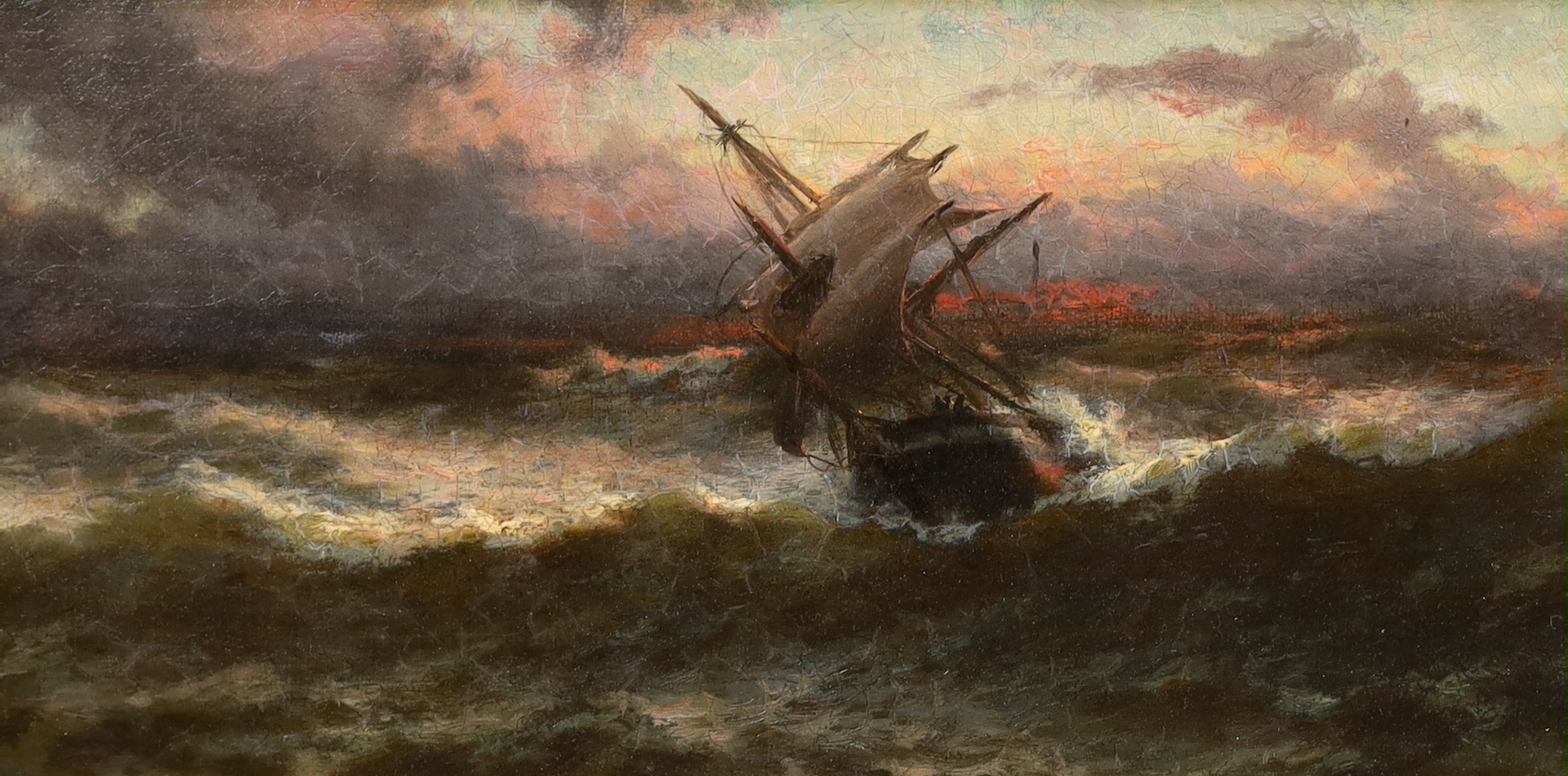 Thomas Rose Miles (British, 1844-1916), Ship in a rough sea at sunset, oil on canvas, 20.5 x 40.5cm